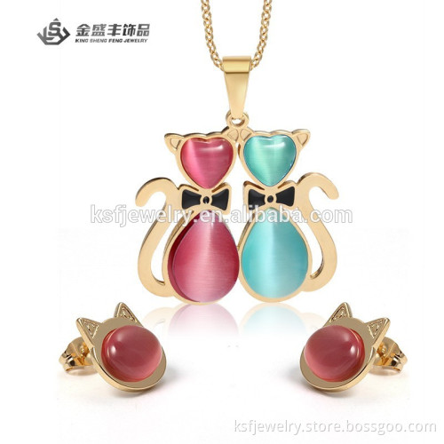 Wholesale Stainless Steel Jewelry Set Double Cats with Gold Chain Jewelry